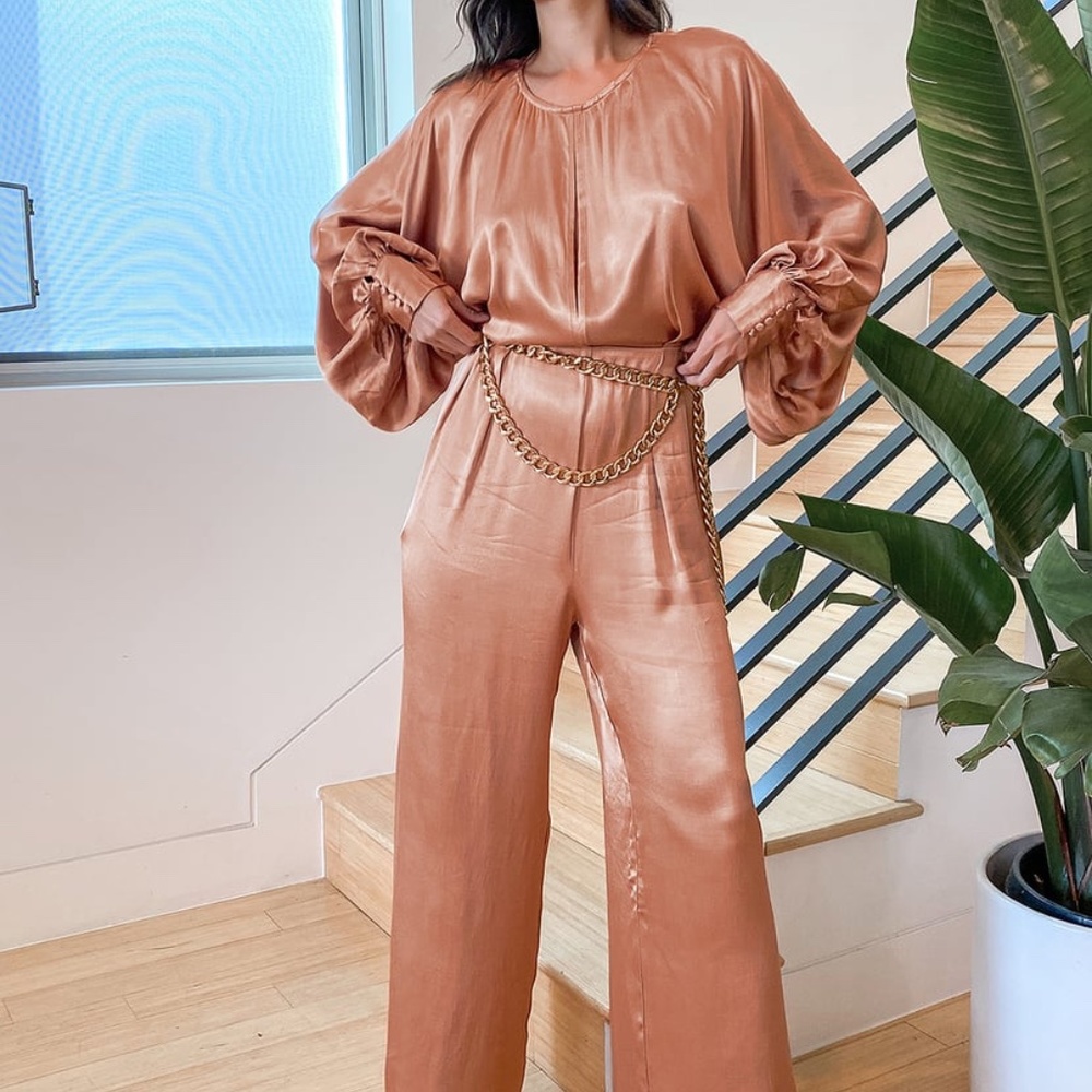Lulu's Rose Gold Satin Backless Jumpsuit